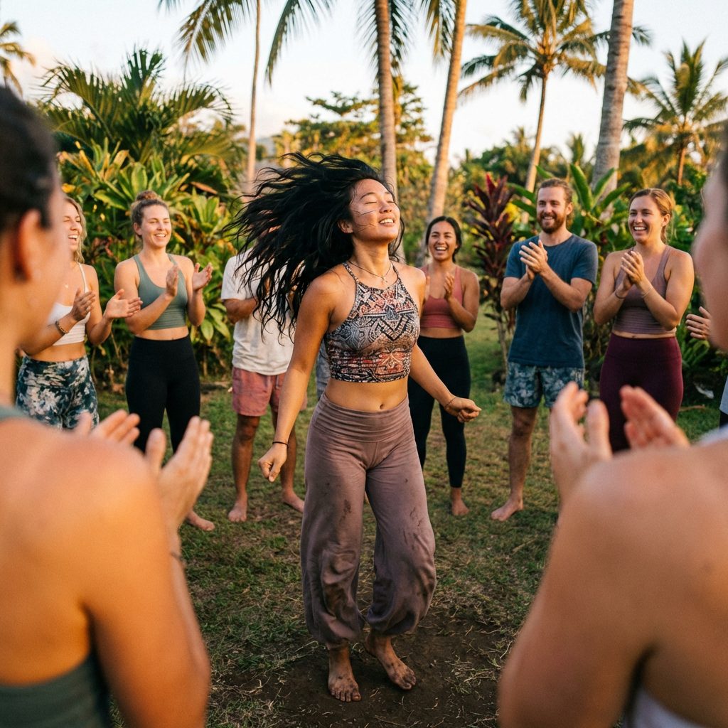 Donna che balla liberamente durante un ecstatic dance